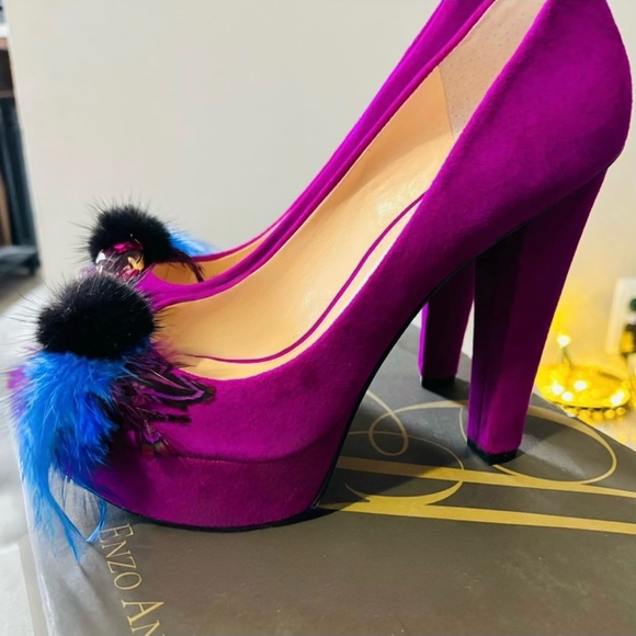 Enzo Angiolini Real Dark Pink Suede & Mink Fur heels. One of a kind Vintage - Picture 1 of 8